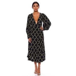 Ganni Long Sleeve Dress Plunging Neckline Black Floral Wrap Size 6